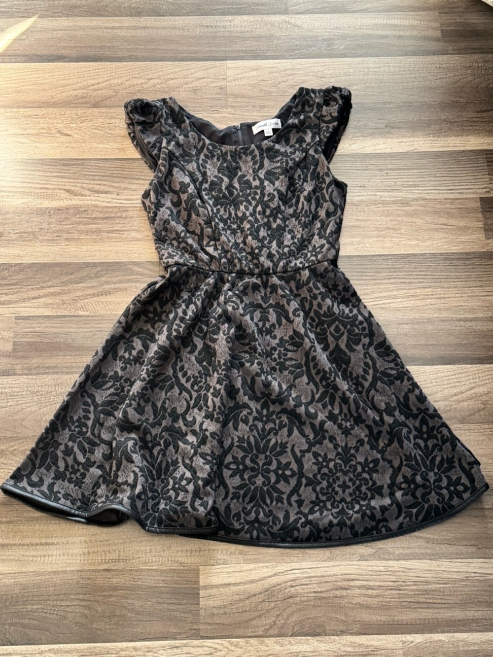 Emerald Sundae Black and Gray Floral Lace Fit-and-Flare Dress